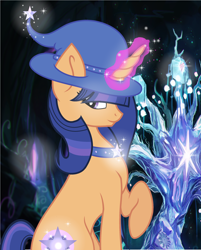 Size: 2160x2684 | Tagged: safe, artist:x-dainichi-x, tree of harmony, oc, oc only, pony, unicorn, base used, glowing, glowing horn, hat, high res, horn, offspring, parent:flash sentry, parent:twilight sparkle, parents:flashlight, raised hoof, unicorn oc, witch hat