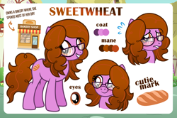 Size: 1200x798 | Tagged: safe, artist:jennieoo, oc, oc:sweetwheat, earth pony, pony, blushing, bread, confused, food, glasses, looking at you, lying, ponyloaf, prone, reference, reference sheet, show accurate, simple background, smiling, smiling at you, smirk, solo, vector