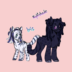 Size: 2000x2000 | Tagged: safe, artist:orphicswanart, oc, oc:iris, oc:nightshade, hybrid, pony, au:chaoticverse, alternate universe, high res, interspecies offspring, offspring, parent:capper dapperpaws, parent:zecora, parents:cappercora, pink background, simple background, solo