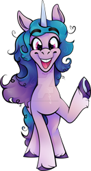 Size: 1280x2398 | Tagged: safe, artist:ghastlyghoulz, izzy moonbow, pony, unicorn, g5, my little pony: a new generation, bucktooth, cute, deviantart watermark, hi new friend, izzybetes, obtrusive watermark, open mouth, raised hoof, simple background, smiling, solo, transparent background, underhoof, unshorn fetlocks, watermark, waving