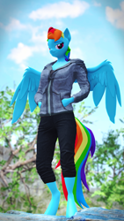 Size: 2160x3840 | Tagged: safe, artist:szczerbix, rainbow dash, pegasus, anthro, unguligrade anthro, g4, 3d, clothes, hand in pocket, high res, hoodie, solo, source filmmaker