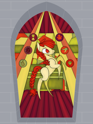 Size: 2400x3200 | Tagged: safe, artist:sixes&sevens, apple bloom, earth pony, pony, fanfic:for want of a horseshoe nail, g4, braid, fanfic, fanfic art, fanfic cover, female, high res, older, older apple bloom, rearing, solo, stained glass, train