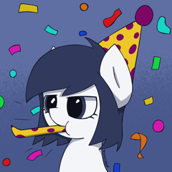 Size: 1768x1768 | Tagged: safe, artist:monycaalot, oc, oc:michel tusche, pony, birthday, confetti, hat, party hat, party horn, solo