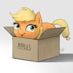 Size: 1000x1000 | Tagged: safe, artist:magfen, applejack, earth pony, pony, g4, :p, box, cute, female, freckles, hatless, if i fits i sits, jackabetes, mare, missing accessory, pony in a box, silly, silly pony, simple background, solo, tongue out, weapons-grade cute, white background, who's a silly pony, ych example, your character here