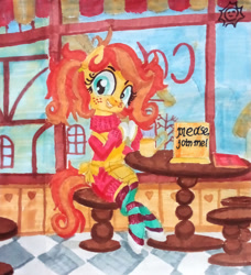 Size: 1280x1404 | Tagged: safe, artist:magnifsunspiration, oc, oc only, oc:smiling sun, earth pony, pony, clothes, earth pony oc, female, grin, mare, pigtails, sitting, smiling, solo, stool, table, traditional art, twintails