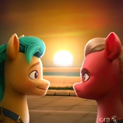 Size: 1080x1080 | Tagged: safe, edit, edited screencap, editor:theglitchyme, screencap, hitch trailblazer, sprout cloverleaf, earth pony, pony, g5, my little pony: a new generation, duo, duo male, gay, looking at each other, looking at someone, male, maretime bay, ship:clovertrail, shipping, stallion, sunset