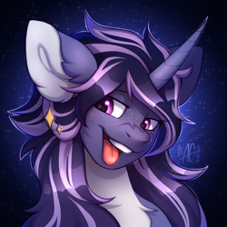 Size: 3000x3000 | Tagged: safe, artist:argigen, oc, pony, unicorn, bust, colored ears, freckles, high res, horn, open mouth, pale belly, portrait, solo, tongue out, unicorn oc
