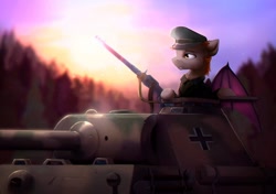 Size: 2048x1438 | Tagged: safe, artist:itssim, oc, oc only, oc:devin, bat pony, pony, actual historical footage, ammunition, ammunition belt, axis, balkenkreuz, bat pony oc, bat wings, camouflage, clothes, commander, eastern front, forest, german, gun, hat, itssim is trying to murder us, lapel, lighting, looking at something, machine gun, male, military, morning, panther (tank), panzer, panzer division, scenery, scenery porn, sky, solo, stallion, sun, sunlight, sunrise, tank (vehicle), tree, turret, uniform, war, war thunder, weapon, wehrmacht, wings, world war ii, yellow eyes