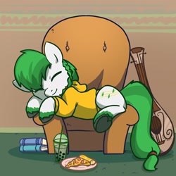 Size: 2048x2048 | Tagged: safe, artist:pfeffaroo, oc, oc only, oc:meadow skip, earth pony, pony, fanfic:song of seven, book, braid, bubble tea, chair, clothes, colored fetlocks, comfy, commission, drink, earth pony oc, food, green mane, high res, hoodie, lute, musical instrument, pizza, solo, unshorn fetlocks, ych result