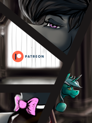 Size: 900x1200 | Tagged: safe, artist:stirren, lyra heartstrings, octavia melody, earth pony, pony, unicorn, g4, advertisement, bedroom eyes, bowtie, duo, latex, looking at you, patreon, patreon logo, teaser