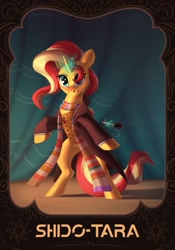Size: 1668x2388 | Tagged: safe, artist:alrumoon_art, artist:shido-tara, sunset shimmer, pony, unicorn, g4, bipedal, clothes, coat, collaboration, cosplay, costume, crossover, doctor who, fourth doctor, fourth doctor's scarf, magic, magic aura, scarf, smiling, solo, sonic screwdriver, striped scarf, sunset cosplay flashmob, trenchcoat, waistcoat