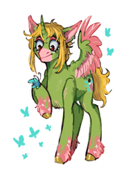 Size: 1279x1727 | Tagged: safe, artist:karamboll, oc, oc:soft breeze, alicorn, pony, colored, curly hair, ear piercing, earring, eyelashes, green fur, jewelry, makeup, male, piercing, sketch, spread wings, wings