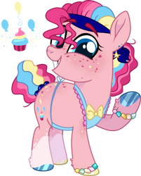 Size: 1280x1593 | Tagged: safe, artist:rickysocks, pinkie pie, earth pony, pony, g4, alternate design, apron, balloon, bracelet, chubby, clothes, cupcake, food, freckles, gritted teeth, jewelry, looking at you, simple background, solo, transparent background