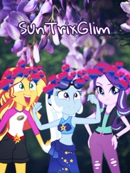 Size: 640x853 | Tagged: safe, artist:suntrixglim, starlight glimmer, sunset shimmer, trixie, equestria girls, equestria girls series, forgotten friendship, g4, my little pony equestria girls: legend of everfree, belt, bisexual pride flag, clothes, female, flower, glasses, gritted teeth, heart, irl, lesbian, looking at you, open mouth, open smile, photo, polyamory, pride, pride flag, sarong, shipping, smiling, stars, startrixset, swimsuit, watch