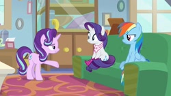Size: 1920x1080 | Tagged: safe, screencap, rainbow dash, rarity, starlight glimmer, g4, the end in friend, bandana, boots, cabinet, couch, glitter boots, guidance counselor, office, shoes, starlight's office