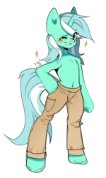 Size: 900x1502 | Tagged: safe, artist:pledus, lyra heartstrings, pony, unicorn, semi-anthro, g4, arm hooves, belly button, bipedal, blushing, clothes, cute, female, looking at you, lyrabetes, one eye closed, pants, simple background, smiling, solo, that pony sure does love humans, white background, wink