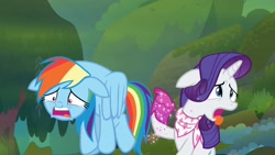 Size: 1920x1080 | Tagged: safe, screencap, rainbow dash, rarity, pegasus, pony, unicorn, g4, season 8, the end in friend, boots, crying, female, floppy ears, glitter boots, mare, shoes, tears of pain, tongue out