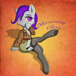 Size: 1080x1080 | Tagged: safe, artist:fajnyziomal, oc, oc only, oc:morning glory (project horizons), pegasus, pony, bedroom eyes, belt, cheek fluff, clothes, colored pupils, commission, female, full body, garter belt, garters, gradient background, looking at you, mare, pegasus oc, pinup, raised hoof, raised leg, shirt, signature, sitting, skirt, smiling, smiling at you, solo, stockings, thigh highs, three quarter view, underhoof, wingless, zettai ryouiki