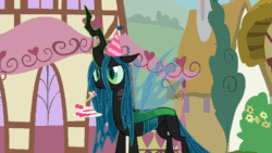 Size: 500x281 | Tagged: safe, artist:mixermike622, queen chrysalis, oc, oc:fluffle puff, butterfly, changeling, changeling queen, pony, g4, animated, cake, female, food, hat, party hat