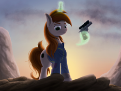 Size: 1600x1200 | Tagged: safe, artist:palibrik, oc, oc only, oc:littlepip, pony, unicorn, fallout equestria, clothes, cloud, eyebrows, female, glowing, glowing horn, gun, handgun, horn, jumpsuit, levitation, lidded eyes, looking at you, looking down, looking down at you, magic, mare, mountain, outdoors, revolver, shading, sky, solo, tail, telekinesis, three quarter view, vault suit, weapon