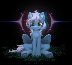Size: 1972x1793 | Tagged: safe, artist:inowiseei, oc, oc only, oc:vesperal breeze, pegasus, pony, chest fluff, chromatic aberration, ear fluff, female, frown, mare, psychic powers, sitting, solo