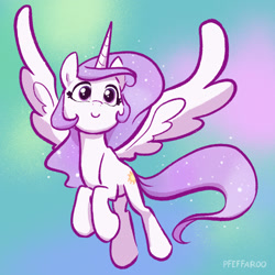 Size: 2048x2048 | Tagged: safe, artist:pfeffaroo, princess celestia, alicorn, pony, g4, abstract background, female, flying, full body, happy, high res, horn, looking at you, mare, pink-mane celestia, shading, signature, smiling, smiling at you, solo, spread wings, tail, wings, younger