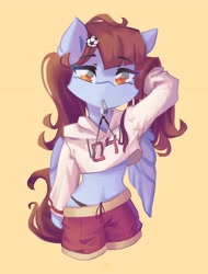 Size: 3105x4096 | Tagged: oc name needed, safe, artist:saxopi, oc, oc only, pegasus, semi-anthro, arm hooves, belly, belly button, bipedal, brown eyes, clothes, colored pupils, eyebrows, eyebrows visible through hair, eyelashes, female, high res, hooves behind head, midriff, panties, shorts, simple background, solo, underwear, whistle, whistle necklace, wings, yellow background
