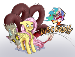 Size: 1050x800 | Tagged: safe, artist:gloomydinosaur, discord, fluttershy, princess celestia, alicorn, draconequus, pegasus, pony, g4, angry, blushing, cowering, cross-popping veins, female, floppy ears, hiding, male, mare, offscreen character, rage, shadow, simple background, snaggletooth, text, this will end in a trip to the moon, this will end in death, this will end in petrification, this will end in tears, this will end in tears and/or death, white background