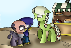 Size: 1024x696 | Tagged: safe, artist:beesmeliss, grampa gruff, granny smith, oc, oc:gonsodolt, griffon, pony, g4, chibi, young granny smith, younger