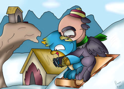 Size: 1280x923 | Tagged: safe, artist:beesmeliss, gallus, grampa gruff, griffon, g4, chibi, snow, snowboard