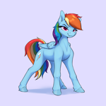 Size: 2631x2631 | Tagged: safe, artist:aquaticvibes, rainbow dash, pegasus, pony, colored pupils, female, folded wings, full body, high res, hooves, lidded eyes, mare, shading, shadow, simple background, smiling, solo, standing, tail, three quarter view, wings