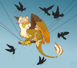 Size: 1200x1050 | Tagged: safe, artist:carifoxleopard, oc, oc:ember burd, bird, griffon, angry, beak, behaving like a bird, colored wings, cute, eared griffon, ears, eyes closed, feather, feathered wings, flying, fur, gradient wings, griffon oc, griffons doing bird things, group, heart, leonine tail, male, multicolored wings, paw pads, paws, power line, sitting, size difference, smiling, tail, underpaw, wings, wires