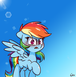 Size: 1544x1562 | Tagged: safe, alternate version, artist:lou, rainbow dash, pegasus, pony, g4, blushing, cute, ears back, female, lens flare, looking at you, mare, open mouth, rainbow dash is not amused, raised hoof, solo, spread wings, sun, unamused, wings