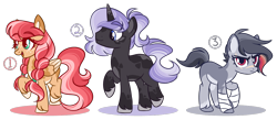 Size: 1150x500 | Tagged: safe, artist:randbrip, oc, oc only, earth pony, pegasus, pony, unicorn, braided pigtails, coat markings, earth pony oc, female, freckles, frown, horn, male, mare, offspring, open mouth, open smile, parent:big macintosh, parent:fluttershy, parent:quibble pants, parent:rainbow dash, parent:rarity, parent:thunderlane, parents:fluttermac, parents:quibbledash, parents:rarilane, pegasus oc, raised hoof, scar, simple background, smiling, sports tape, stallion, transparent background, trio, unicorn oc, unshorn fetlocks