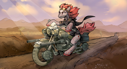 Size: 1280x696 | Tagged: safe, artist:jekeita, oc, oc only, earth pony, semi-anthro, arm hooves, clothes, goggles, gun, motorcycle, post-apocalyptic, solo, weapon