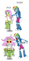 Size: 622x1290 | Tagged: safe, artist:pheeph, fluttershy, rainbow dash, equestria girls, g4, chair, duo, imminent vomiting, spinning