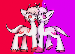 Size: 1920x1400 | Tagged: safe, artist:osukel, oc, oc only, oc:d'jali, oc:vi'desi, alien, alien pony, pony, antennae, brother and sister, cheek to cheek, colored background, colored hooves, colored paws, colored sclera, female, fraternal twins, hooves, male, mlem, no pupils, paws, siblings, side by side, striped tail, stripes, tail, tongue out, twins, unshorn fetlocks