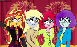 Size: 1280x790 | Tagged: safe, artist:rdj1995, blueberry pie, derpy hooves, raspberry fluff, sunset shimmer, equestria girls, g4, female, fireworks, group, happy new year, holiday, quartet, the muffins
