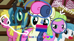 Size: 739x415 | Tagged: safe, edit, edited screencap, screencap, bon bon, cherry berry, daisy, flower wishes, lemon hearts, lightning bolt, queen chrysalis, sweetie drops, white lightning, changeling, changeling queen, earth pony, pegasus, pony, unicorn, g4, season 1, the ticket master, 1000 hours in ms paint, 1000 years in photoshop, animation error, bad edit, bisexual, bisexual pride flag, bruh, caption, changeling horn, crown, drunk, emoji, eyes on the prize, faic, fake, faker than a three dollar bill, female, floppy ears, group, horn, insect wings, jewelry, lips, lipstick, looking at butt, looking at you, lowres, mare, not salmon, open mouth, pride, pride flag, question mark, regalia, text, troll, trolling, wat, wings, youtube thumbnails be like