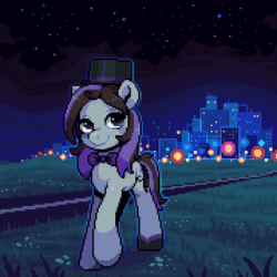 Size: 720x720 | Tagged: safe, artist:hikkage, oc, oc only, oc:bowtie, earth pony, pony, animated, bowtie, city, commission, gif, hat, looking at you, pixel art, raised hoof, smiling, solo, top hat