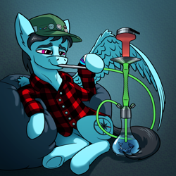 Size: 1920x1920 | Tagged: safe, artist:tsswordy, oc, oc only, oc:leo hawk, oc:seashore tornado, merpony, pegasus, pony, cap, clothes, drugs, duo, hat, high, hookah, male, micro, smiling, smoking, swimming, wings