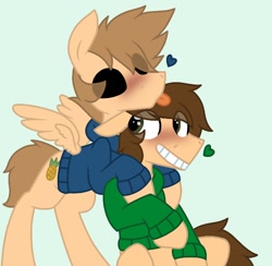 Size: 616x602 | Tagged: safe, artist:scarecrowkitty, derpibooru exclusive, earth pony, pegasus, pony, base used, black sclera, blushing, clothes, duo, duo male, edd gould (eddsworld), eddsworld, eye clipping through hair, gay, green background, grin, happy, heart, hoodie, hug, looking at each other, looking at someone, male, ponified, shipping, simple background, smiling, smiling at each other, spread wings, stallion, tom (eddsworld), tomedd, tongue out, wings