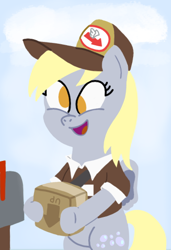 Size: 366x536 | Tagged: source needed, safe, artist:realgero, derpy hooves, pegasus, semi-anthro, g4, arm hooves, clothes, cute, derp, derpabetes, female, happy, mailmare, mare, open mouth, package, smiling, solo
