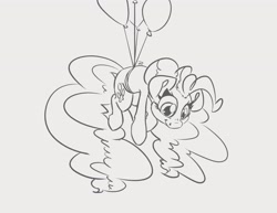 Size: 3300x2550 | Tagged: safe, artist:leadhooves, pinkie pie, earth pony, pony, g4, balloon, black and white, female, floating, grayscale, high res, lineart, mare, monochrome, simple background, smiling, solo, then watch her balloons lift her up to the sky, white background