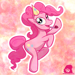 Size: 2400x2400 | Tagged: safe, artist:thecittiverse, pinkie pie, earth pony, pony, g4, abstract background, anatomically incorrect, bipedal, female, hat, high res, incorrect leg anatomy, mare, open mouth, outline, party hat, party horn, solo, white outline