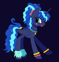 Size: 960x1000 | Tagged: safe, artist:risswm, princess luna, alicorn, pony, between dark and dawn, g4, 80s princess luna, alternate hairstyle, black background, bracelet, face paint, female, jewelry, mare, necklace, open mouth, open smile, ponytail, simple background, smiling, solo