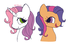 Size: 2667x1714 | Tagged: safe, artist:risswm, scootaloo (g3), sweetie belle (g3), earth pony, pony, unicorn, g3, bust, cute, duo, eyelashes, female, g3 cutealoo, g3 diasweetes, looking at each other, looking at someone, mare, multicolored hair, open mouth, open smile, signature, simple background, smiling, two toned mane, white background