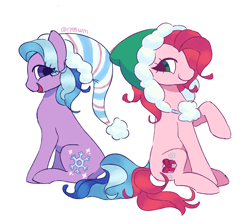 Size: 1118x1000 | Tagged: safe, artist:risswm, sno-glo, toboggan (g3), earth pony, pony, g3, clothes, duo, female, hat, mare, open mouth, open smile, simple background, sitting, smiling, white background, winter outfit