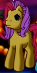 Size: 332x652 | Tagged: safe, screencap, apple spice, rainbow dash (g3), earth pony, pony, a very minty christmas, g3, apple spice is not amused, blank flank, christmas, christmas tree, cropped, cute, female, frown, holiday, mare, night, offscreen character, solo focus, spiceabetes, tree, unamused