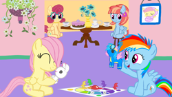 Size: 1280x720 | Tagged: safe, artist:mlplary6, firefly, fluttershy, posey shy, rainbow dash, windy whistles, pegasus, pony, rabbit, g4, animal, female, filly, filly fluttershy, filly rainbow dash, foal, food, friends, play date, playing, toy, wonderbolts, younger